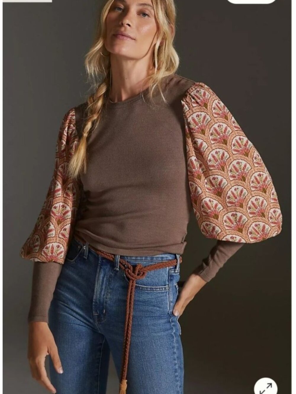 Blank London Anthropolie Puff floral long Sleeve Brown knit Sweater size XL